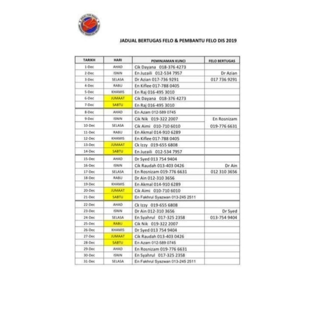 Kolej Tun Razak On Twitter Jadual Bertugas Felo Dan Pembantu Felo Disember 2019