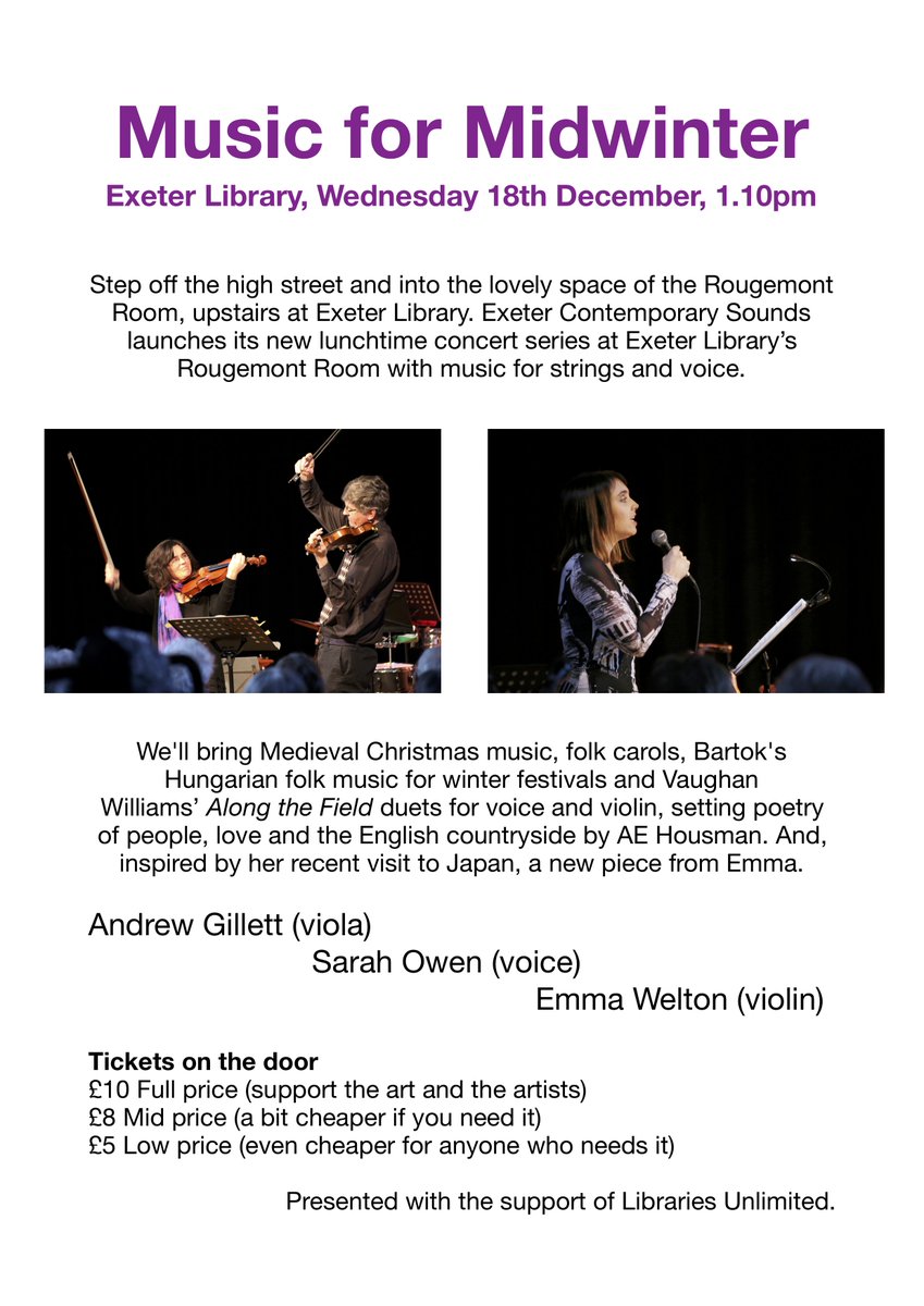 ExeterCS's tweet image. A lunchtime concert at Exeter Central Library this Wednesday 18th, 1.10pm. Do come! Sarah Owen (voice) Andrew Gillett (viola), Emma Welton (violin). @DevonLibraries