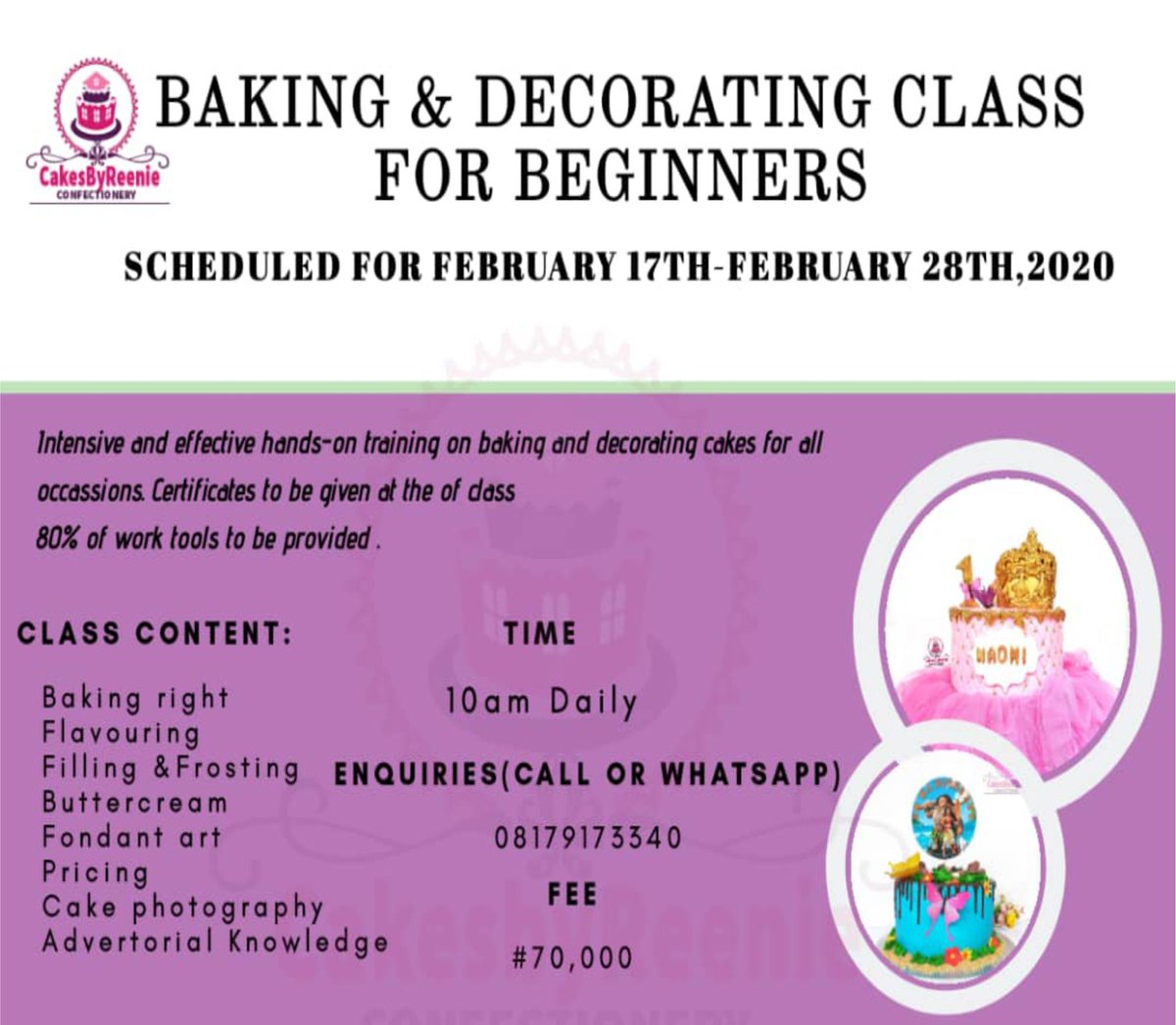 cakesbyreenie's tweet photo. Planning on learning a new skill?
Do you have interest in baking and decorating cakes for any events
Think no further #cakesbyreenieconfectionery is here for you.
See flyer for more details.
#hustlersquare
#lagosbrand
#lagosbusiness
#opensalez https://t.co/fPYu8CvyHh