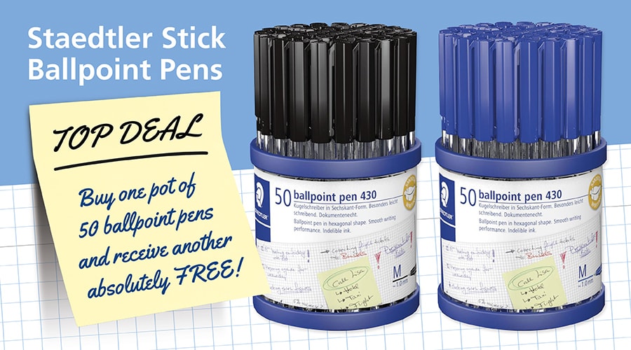 Buy one pot of 50 Staedtler Stick 430 Ballpoint Pens in Black or Blue and receive another pot absolutely FREE! (while stocks last). Terms &amp; conditions apply.