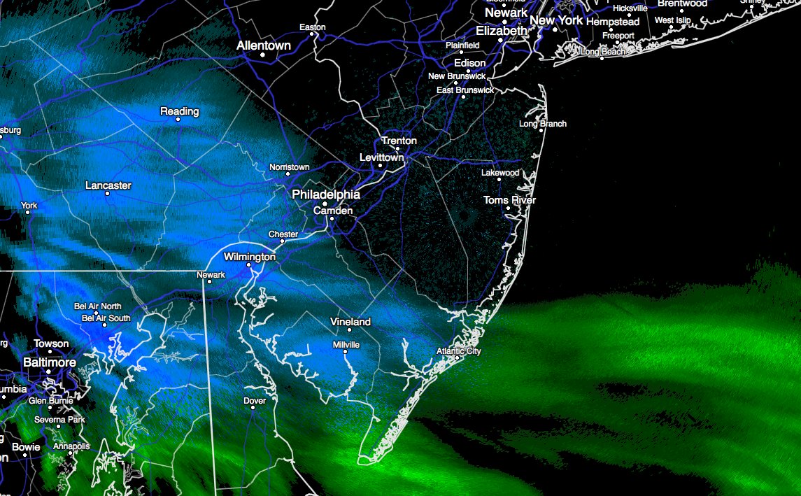 DanZarrow's tweet image. #FakeSnow... Our first band of precipitation of the day has arrived in South Jersey.  Radar reads snow, but our air is still VERY dry.  So a lot of those flakes and drops are not making it all the way to ground-level.