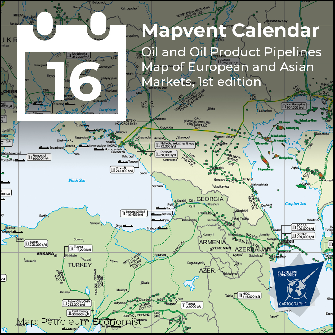 PEMaps1's tweet photo. Day 16 of the PE Maps #MapventCalendar looks at pipelines with Oil and Oil Product Pipelines Map of European and Asian Markets from 2017 with our map partner International Association of Oil Transporters https://t.co/0QliOuQPaP #30DayMapChallenge #Pipelines #OilProduct #Oil https://t.co/aI3ZCaPs8k