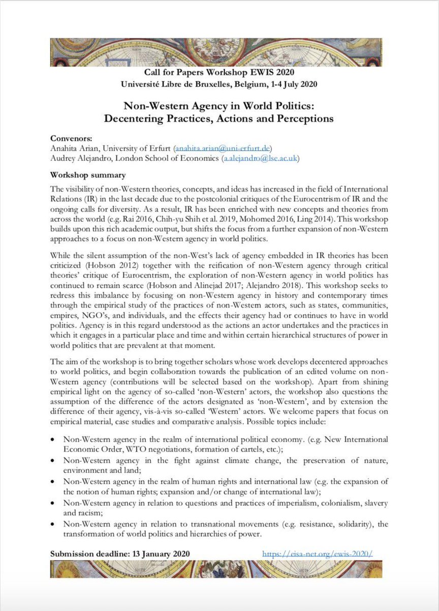 AudreyAlejand's tweet photo. ⏰Looking forward to received your abstract for our #EWIS2020 workshop "Non-Western #agency in World Politics: #decentering Practices, Actions and Perceptions" by Jan 13 🚀
#GlobalIR #internationalrelations #practiceturn #nonwesternIR #eurocentrism https://t.co/CEFqrZxkgO