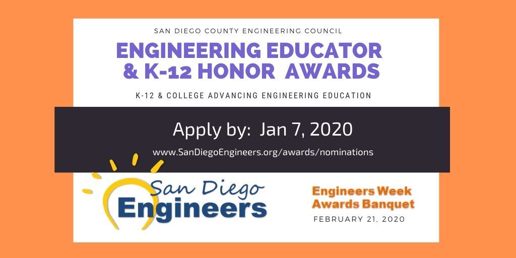 Nominate teacher(s) developing innovative approaches in engineering education for the Outstanding K-12 Engineering Educator Award  before Jan 7, 2020! 
#SanDiegoEngineers #EngineeringTheFuture #USDEngr #sdsuEngineering  #UCSanDiegoEngineering
@SanDiegoUnifiedSchoolDistrict