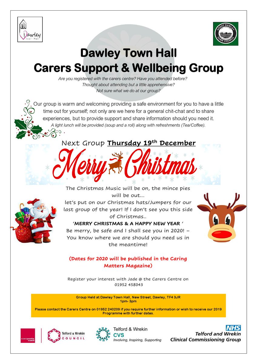 Come along to our lovely Dawley Wellbeing Group for and generate some fun Christmas spirit in friendly company! If you've not been before, call Jade first, who will tell you anything you need to know - or just drop in!  Hope to see you there.