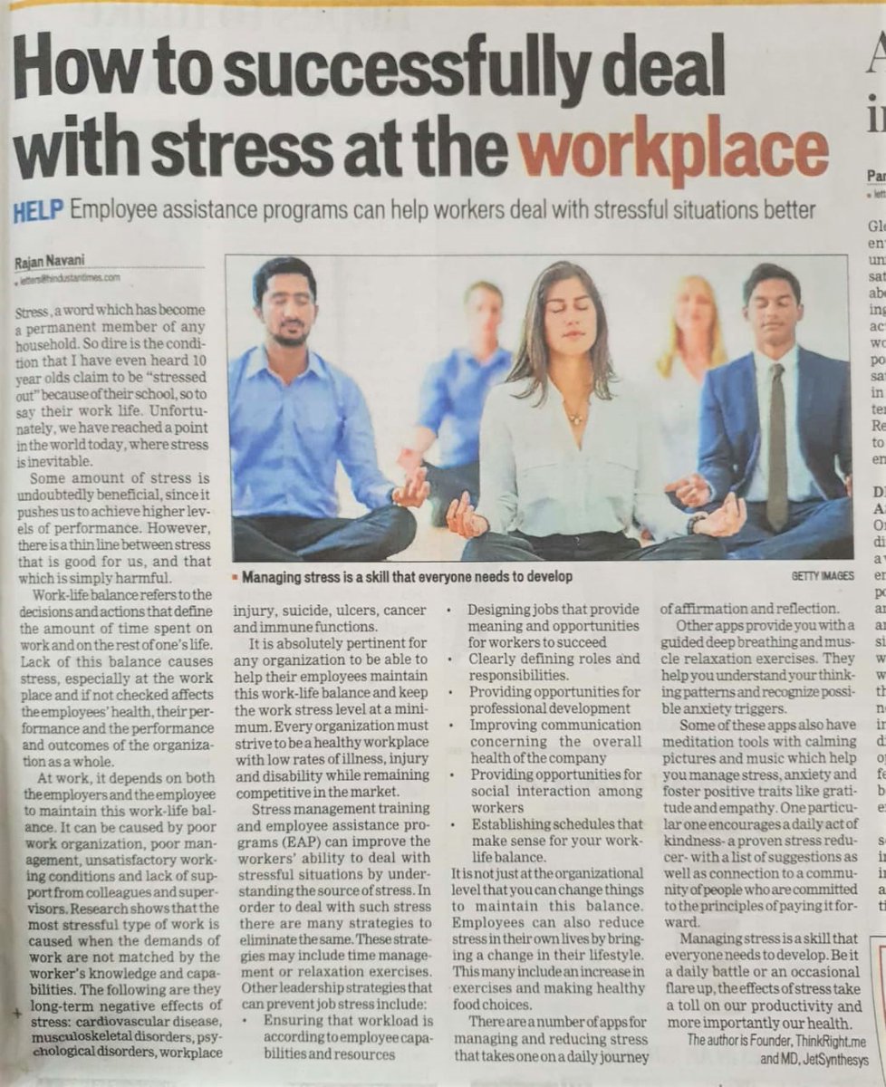 JetSynthesys's tweet image. JetSynthesys CEO &amp;amp; Co-Founder of @ThinkRightme,  @NavaniRajan speaks to @HindustanTimes on the implications of stress &amp;amp; how corporates can help employees keep stress at bay. Read more: bit.ly/HT_HowToDealWi… #ThinkRight.me