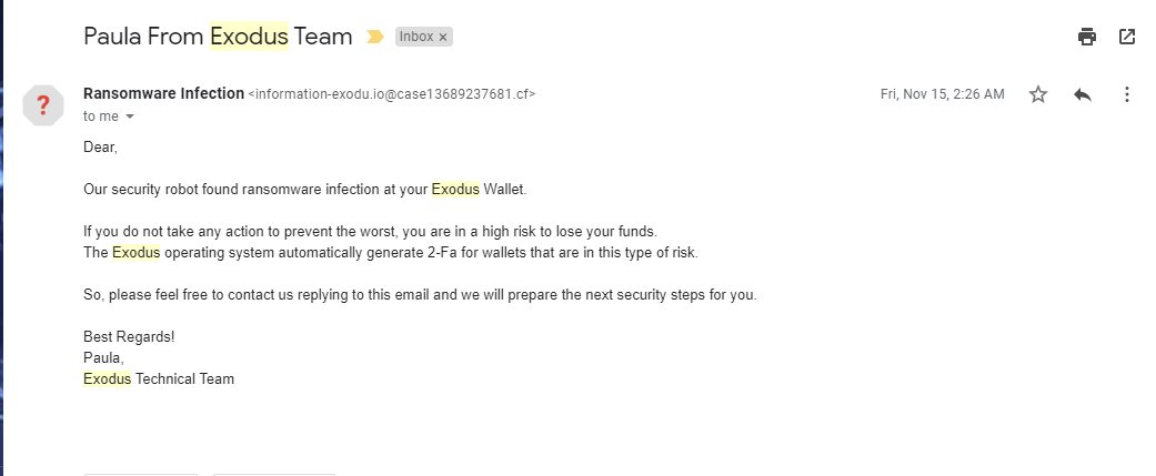 JarauMoses's tweet photo. Why are there many folks impersonating/phishing @exodus_io Wallet?
These scammers have been sending me messages, for months now.
To know a phishing attempt, just look at the domain that sent you the email.
Stay Woke folks.
#UgCrypto #phisphing #exodus #scams #cryptocurrency https://t.co/lw62Q5nzR7