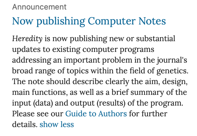 HeredityJournal's tweet image. Publishing new or substantial updates to existing computer programs within the field of #genetics. 
More info here go.nature.com/2kMU0iv
#ComputerProgram  #SocietyJournal
@GenSocUK