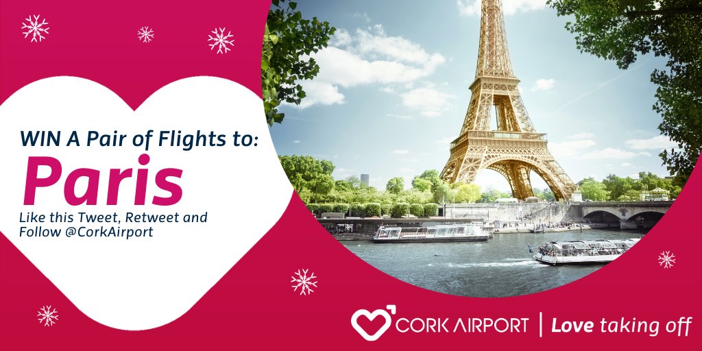 Cork Airport (@corkairport) on Twitter photo 🎅🎄❄️ On the eighth day of Christmas... ❄️🎄🎅
WIN a pair of return flights from <a href="/CorkAirport/">Cork Airport</a> to Paris. To win simply Like this Tweet, Retweet and Follow <a href="/CorkAirport/">Cork Airport</a> on Twitter.
#12DaysOfChristmas #LoveTakingOff
Winner picked tomorrow. T&C's apply: ow.ly/WOfF50xsyQw 🎅🎄❄️ On the eighth day of Christmas... ❄️🎄🎅
WIN a pair of return flights from <a href="/CorkAirport/">Cork Airport</a> to Paris. To win simply Like this Tweet, Retweet and Follow <a href="/CorkAirport/">Cork Airport</a> on Twitter.
#12DaysOfChristmas #LoveTakingOff
Winner picked tomorrow. T&C's apply: ow.ly/WOfF50xsyQw