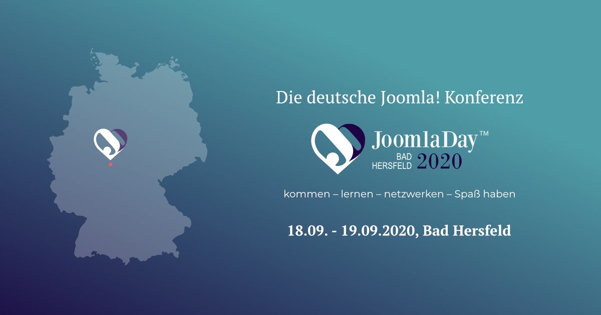 Der JoomlaDay Deutschland 2020 findet am 18.09. und 19.09. in Bad Hersfeld statt!
Wir würden uns freuen euch zahlreich im Herzen Deutschlands begrüßen zu dürfen.
"kommen – lernen – netzwerken – Spaß haben" #jd20de
joomladay.de