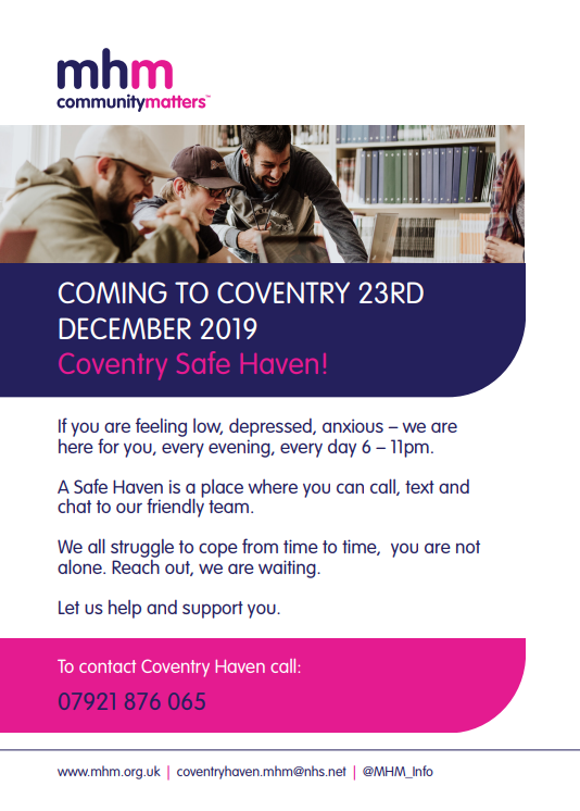 A new mental health support phone line is opening in #Coventry on 23rd December for residents who need extra support over the festive period. This is ahead of a brand new Safe Haven coming soon to the city in the new year. <a href="/MHM_Info/">Mental Health Matters</a>  #mentalhealthmatters