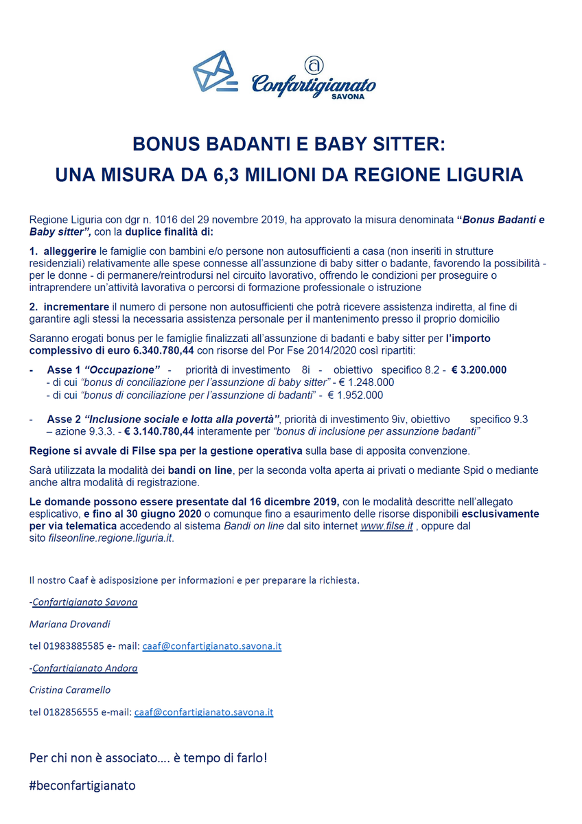 Una grande operazione di #welfare da parte di <a href="/RegLiguria/">Regione Liguria</a> . Pubblicato il bando per richiedere #bonusbadanti e #bonusbabysitter con uno stanziamento da 6.3 milioni di euro. <a href="/SoniaViale/">Sonia Viale</a> <a href="/GiovanniToti/">Giovanni Toti</a> 
#caaf #beconfartigianato