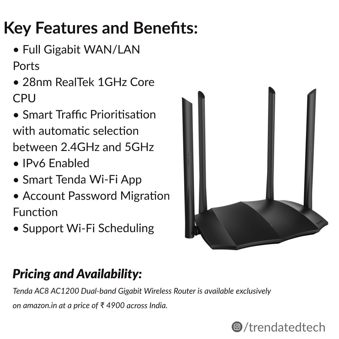 TrendatedTech's tweet photo. Tenda launched AC8 AC1200 Dual-band Gigabit Wireless Router in India.
#tenda #tendadualband #router #dualbandrouter #trendatedtech

@TendaWifi https://t.co/SPyHDvsIWD