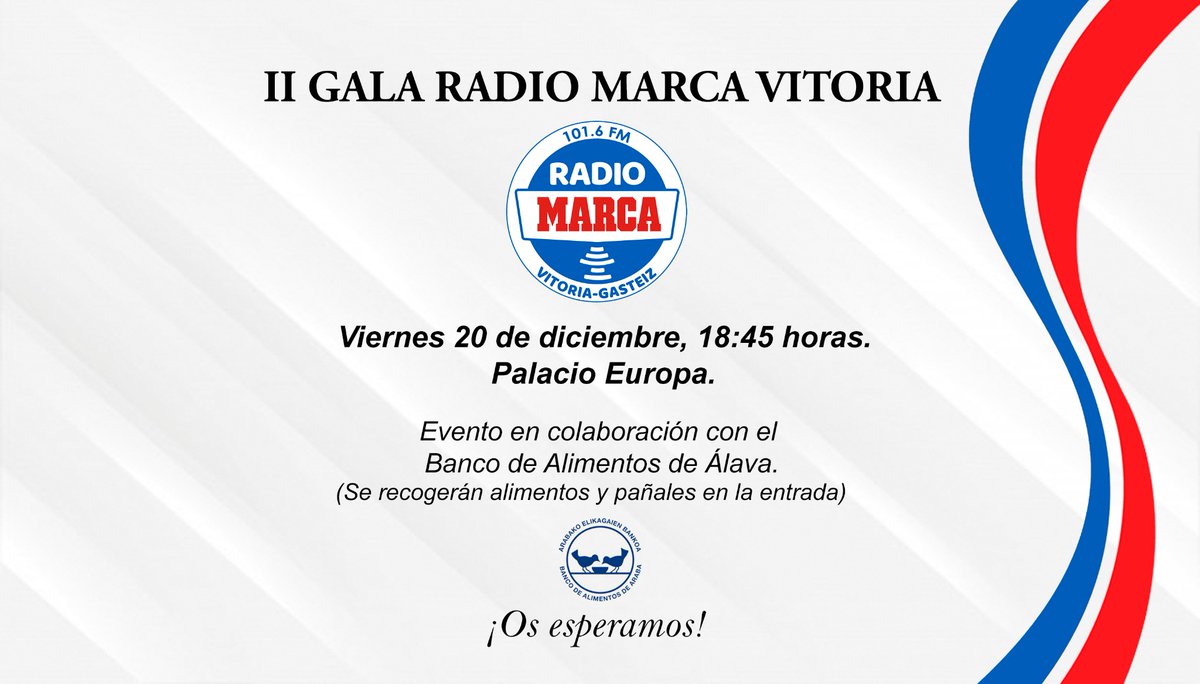 II Gala Radio Marca Vitoria

Este viernes en el Europa a las 18:45. 

Deporte y risas a favor del banco de alimentos de Álava.  

👇 Va hilo con los premiados.