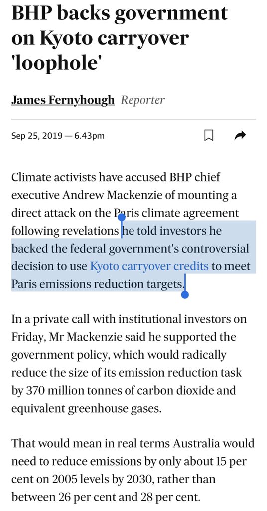 simonahac's tweet image. 👀 if you think australia’s efforts to undermine the #paris agreement by lowering ambition is driven solely by political ideology think again...

australian big business is right behind it.

@bhp fully supports use of angus’ accounting trick:

afr.com/policy/energy-… #auspol