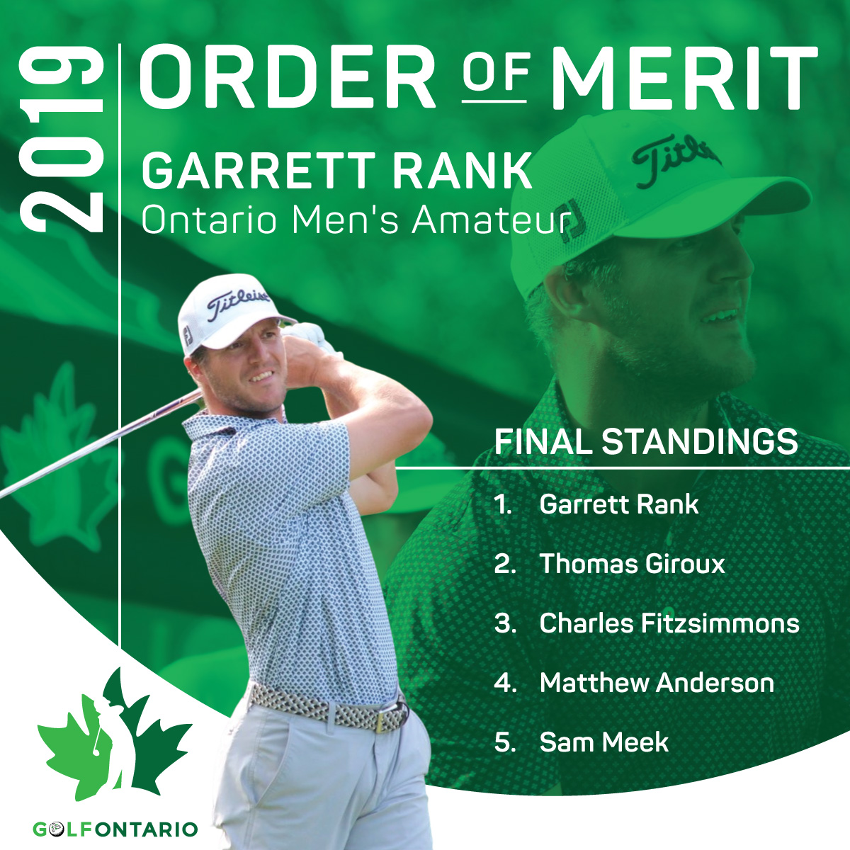 TheGolfOntario's tweet photo. Week of Winners kicks off today with our 2019 Provincial Order of Merit announcements. Each day we'll release a few categories. First up: Men's and Women's Amateur &amp; Mid-Amateur. Congrats Garrett Rank (x2), Emily Zhu and Sarah Dunning! #weekofwinners https://t.co/KtpU3ZLFaw