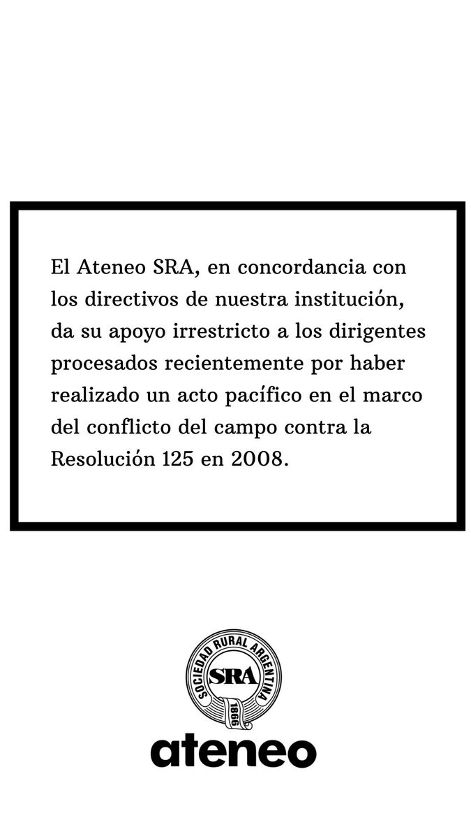 AteneoSRA's tweet photo. Los jóvenes de la Sociedad Rural Argentina apoyamos a los dirigentes que fueron procesados hace unos días atrás por haber realizado un acto pacifico en el marco del conflicto con el campo en el 2008. https://t.co/NayZYp8THH