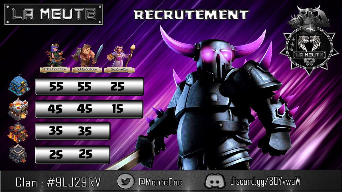 MeuteCoc's tweet photo. La Meute Recrute 😍 !!!
La Meute #9LJ29RV
La Meute clan mixte avec des HDV 9, 10, 11,12 et 13. 
La Meute avec sa légende et ses règles de fonctionnement mais aussi avec 5 attitudes indispensables pour devenir un loup de La Meute. https://t.co/474qj7bHb6