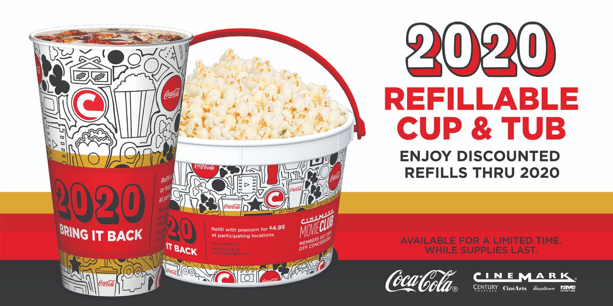 Cinemark's tweet photo. The post you've all been waiting for... our 2020 refillable cup &amp; tubs are NOW AVAILABLE! Head into your local Cinemark to get them before they're gone. 🥳 https://t.co/kb1yJNP5tP