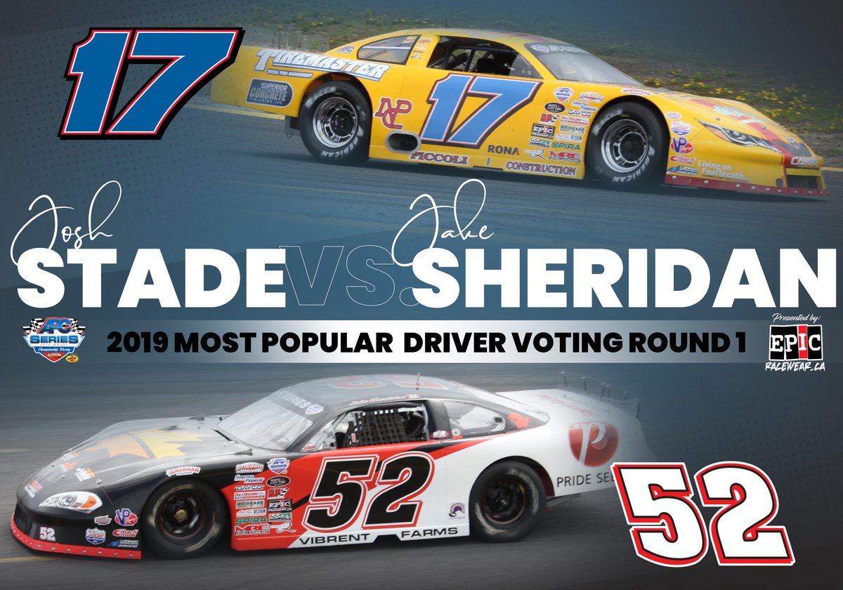 UnitedLMSeries's tweet image. Let's decide another final four contestant in the 2019 APC Series Most Popular Driver bracket presented by @EpicRaceWear_ca!

Round 3 Battle 2 is #17 @PrimeTimeStade Vs. #52 @JakeSheridan9

Vote for #17 Stade BY RETWEETING this post🔀
Vote for #52 Sheridan by LIKING this post❤️