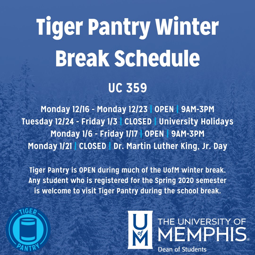 Campus hunger doesn't stop just because finals week does. That's why Tiger Pantry is OPEN during the UofM winter break. Students registered for Spring 2020 classes are welcome to use the pantry during the semester break. #DrivenByDoing #gtg #RealCollege #HappyHolidays