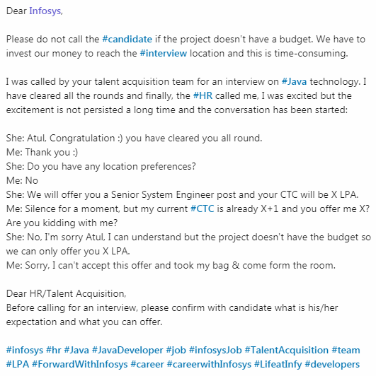 iatulrai's tweet photo. Dear @Infosys, please do not call the #candidate if the #project doesn't have a #budget. We have to #invest our #money to reach the #interview location and this is time-consuming.
@InfosysCareers @InfosysEvents #infosys #hr #job #infosysJob #TalentAcquisition #career @vsikka https://t.co/XRVbcCVXYm