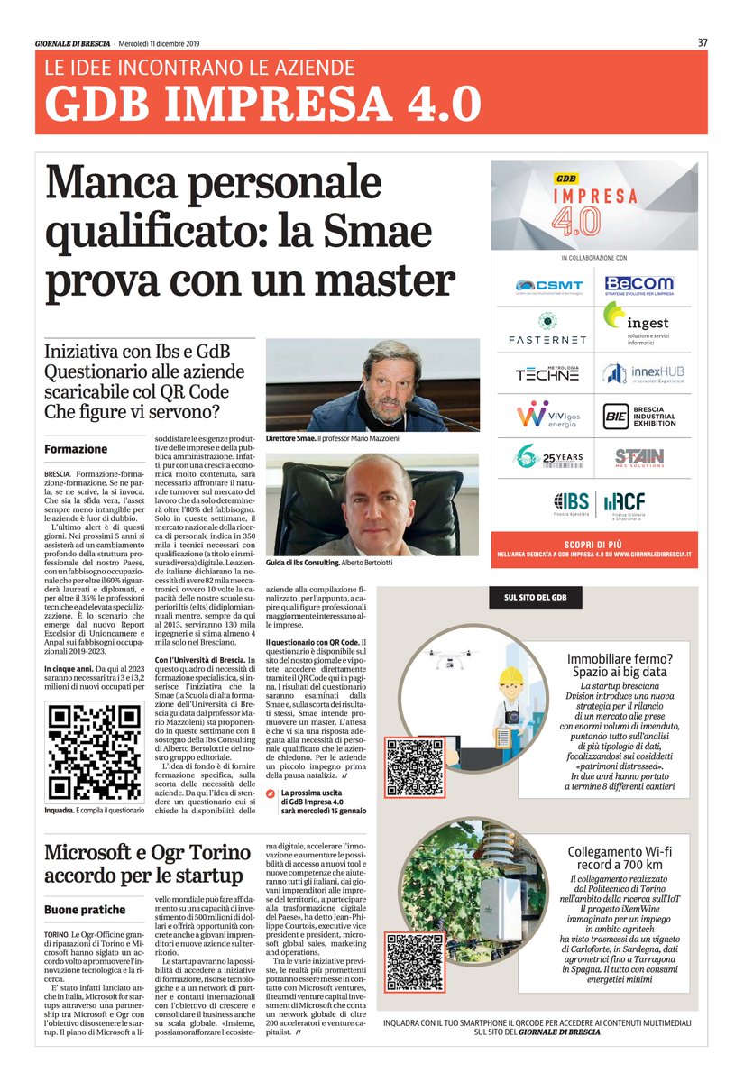 Sul <a href="/GdB_it/">Giornale di Brescia</a> un nuovo articolo dedicato al Questionario 4.0!

Alle aziende manca personale qualificato, per questo motivo insieme a SMAE dell'<a href="/unibs_official/">Università degli Studi di Brescia</a> vogliamo definire un master innovativo per i manager di domani. 

Compilalo qui: bit.ly/38JJiO0
