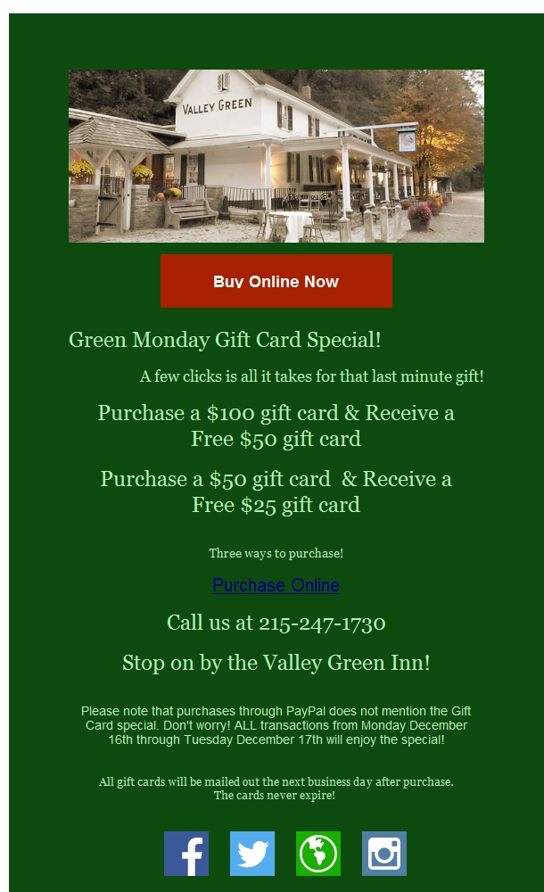 Valley Green Inn Gift Card Special. The perfect last minute gift idea!  Buy $100, Get $50 free bit.ly/2Puhs0N