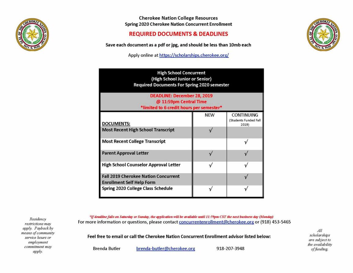 Attention high school Jr’s &amp; Sr’s - The spring Cherokee Nation Concurrent scholarship application is is available online. The deadline is December 28th. scholarships.cherokee.org
