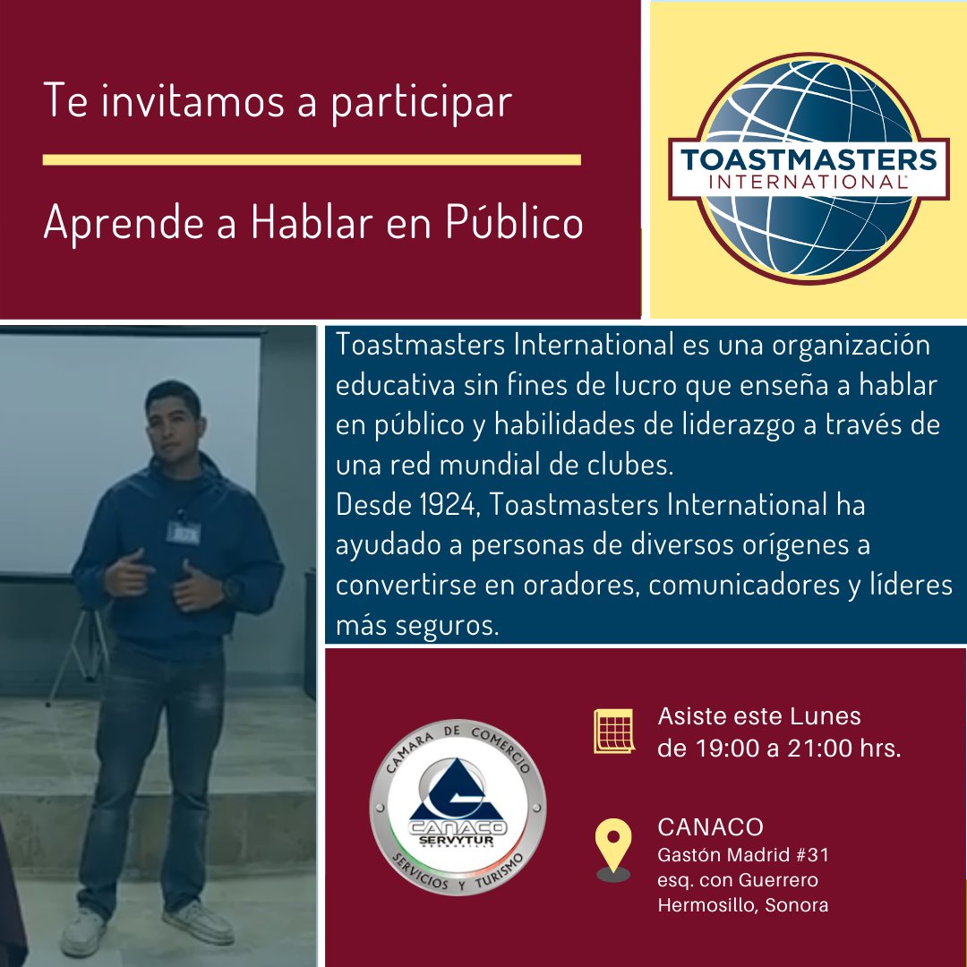 ¿Te interesa incrementar tu confianza al hablar en público?

En Toastmasters desarrollarás habilidades de comunicación.

⚠️ Asiste sin costo

🗓 Lunes 16 De Diciembre 
⏰ De 7:00 PM a 9:00 PM
📍 En @canacohermosillo - Av Gaston Madrid 31 esq. Guerrero

Necesario agendar visita.