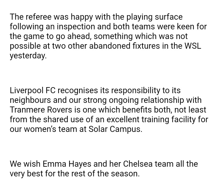 KatieWhyatt's tweet photo. Liverpool Women issue a statement in response to Chelsea Women boss Emma Hayes' criticism of the pitch at Prenton Park, when she called it a "stain" on the club and said LFC have to step up their support for their women's side https://t.co/5csbgl3MxN