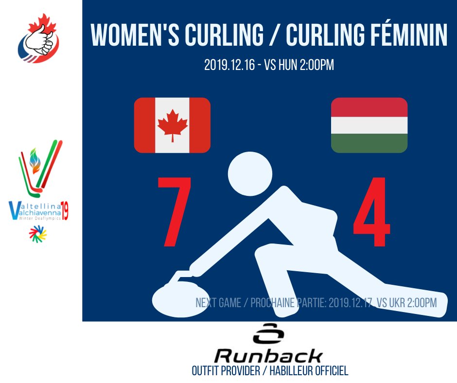 🔥 They're on a roll too! A 2nd win for Team Canada Women's Curling! 🥌

Canada 🇨🇦 WIN 7 - 4 vs Hungary 🇭🇺
Next game against Ukraine 🇺🇦 tomorrow 2:00pm (8:00am EST)

Go 🇨🇦 Go!
.
.
.
#GoCanadaGo #Deaflympics2019 #CDSA2019 #VictoryAlwaysFelt #Sports #Deaf #TeamRunback #DeafTheNorth