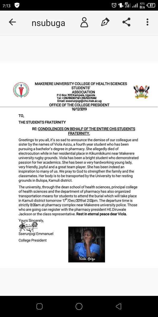 DrSerunjogiEmma's tweet photo. Sad to announce the demise of our colleague, Viola Asizu. A student of pharmacy year four. https://t.co/acgf7cSk1t