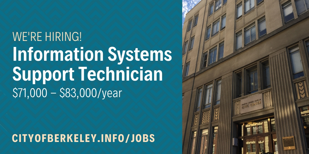 CityofBerkeley's tweet photo. Applications close at 5pm today for the Information Systems Support Technician opening in our IT Network Operations division, who keep Berkeley's critical infrastructure running.
Apply online: https://t.co/3yh27zvLRg #BerkeleyJobs https://t.co/OYPpfMEWOu