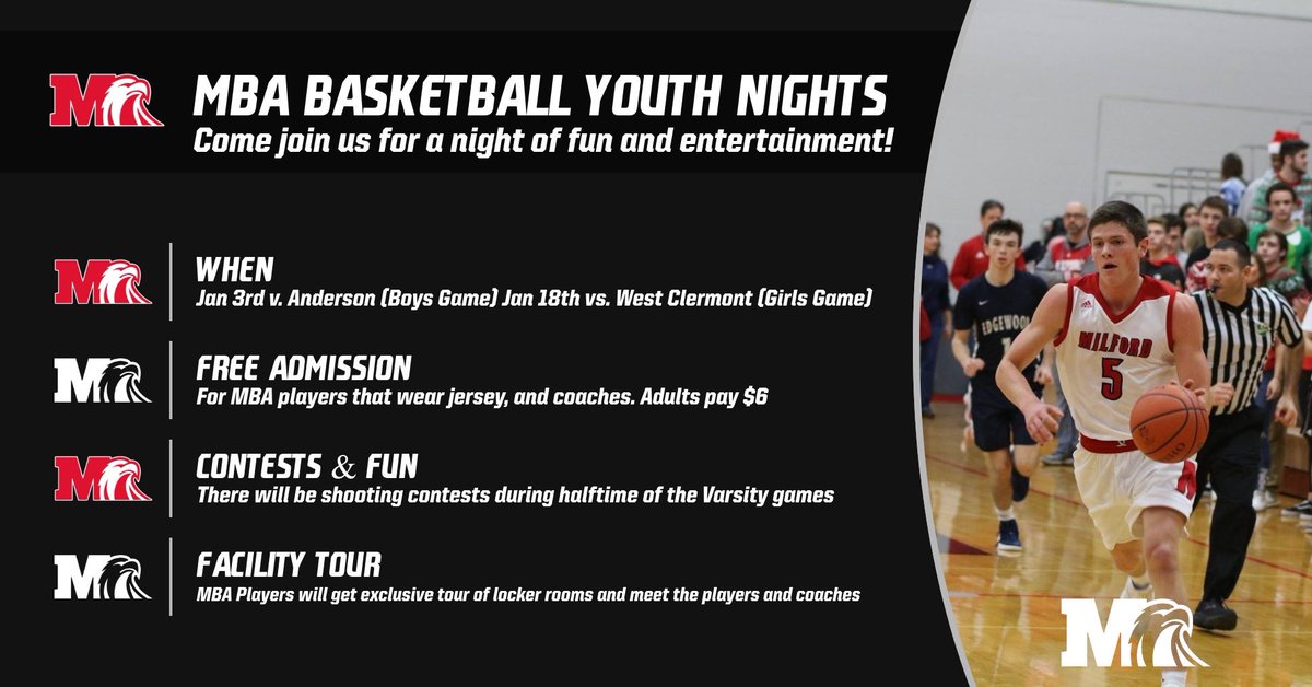 Milford_Eagles's tweet photo. Eagle Nation! Mark you calendars for the 2 youth nights that are coming up in the month of January! We can’t wait to see everyone at these games! Spread the word! #FutureFlock #FlockRollsDeep @GirlsBkb @BoysEaglesBBall @Milford_Schools https://t.co/E26gLiibyv