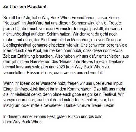 Liebe Twitter Gemeinde. Zu viel Informationen für einen Tweet. Daher angehangen wichtige Infos über die Zukunft des WayBackWhen. Seht's uns nach, okay? Und füllt bitte auch gern unsere Survey zu dem Thema aus unter: bit.ly/WBW_Survey Danke für eure Liebe!