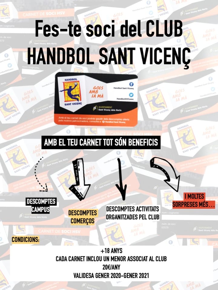 HandbolStVicenc's tweet photo. Vols fer-te soci/sòcia del club?
Per només 20 €/any gaudeix de les avantatges, i col•labora amb el club. Amb el carnet de soci/sòcia tots hi sortim guanyant.
Fes-te soci/sòcia i aprofita per gaudir dels descomptes del Casal de Nadal #santvicençdelshorts #HSVC #golsamblamà https://t.co/raFWqY0REM