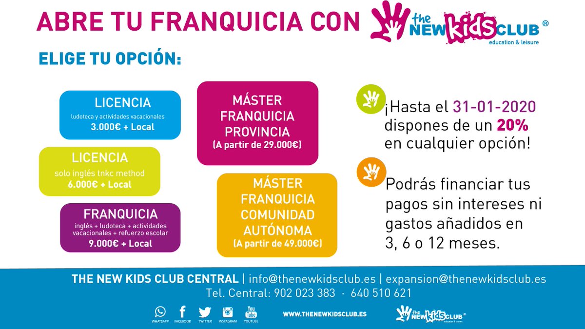 TheNewKidsClub's tweet photo. Monta tu franquicia de inglés The New Kids Club.
Aprovéchate de excelentes condiciones hasta el 31 de enero 2020.
Infórmate en nuestra web https://t.co/HlRQYr3zH2 o llámanos al teléfono 640.510.621
#thenewkidsclub #TNKC #franquiciasTNKC #licenciasTNKC #TNKCmethod #inglésTNKC https://t.co/f9s74ohHoN