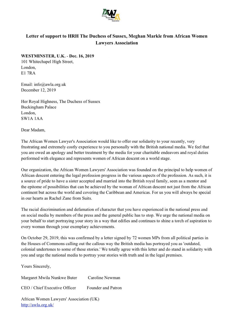 The UK-based African Women Lawyers Association has written a letter of support to Duchess Meghan, who they say is “owed an apology and better treatment by the media for your charitable endeavors and royal duties... and represents women of African descent on a world stage.”