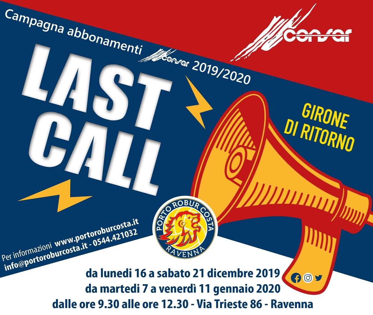 Notizia 💣 per voi:
riapre la CAMPAGNA ABBONAMENTI per il GIRONE DI RITORNO‼️📣🎟🦁 

Per informazioni:
portoroburcosta.it info@portoroburcosta.it - 0544. 421032

#campagnaabbonamenticonsarravenna #campagnaabbonamenti
#abboNATIperilvolley #avantileoni #consarravenna #volley