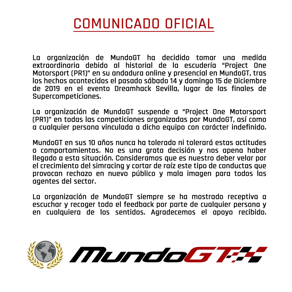 Comunicado Oficial:
Hemos tomado una decisión al respecto de los hechos acontecidos en @DreamHackSpain Sevilla con el equipo <a href="/PRoneMotorsport/">Project One Motorsport</a>.