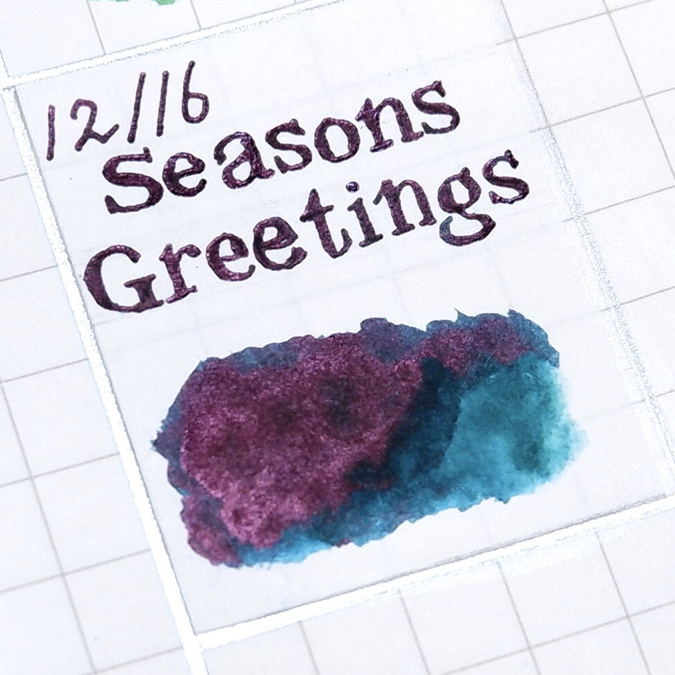 ハコペン Diamineのインクベントカレンダー Day16 Seasons Greeting 青緑に紫のsheen この一言で クリスマスおめでとう の意味だそうです ほほー 初の青緑です 紫のシーンが良い感じです インクベントカレンダー インク沼 T Co
