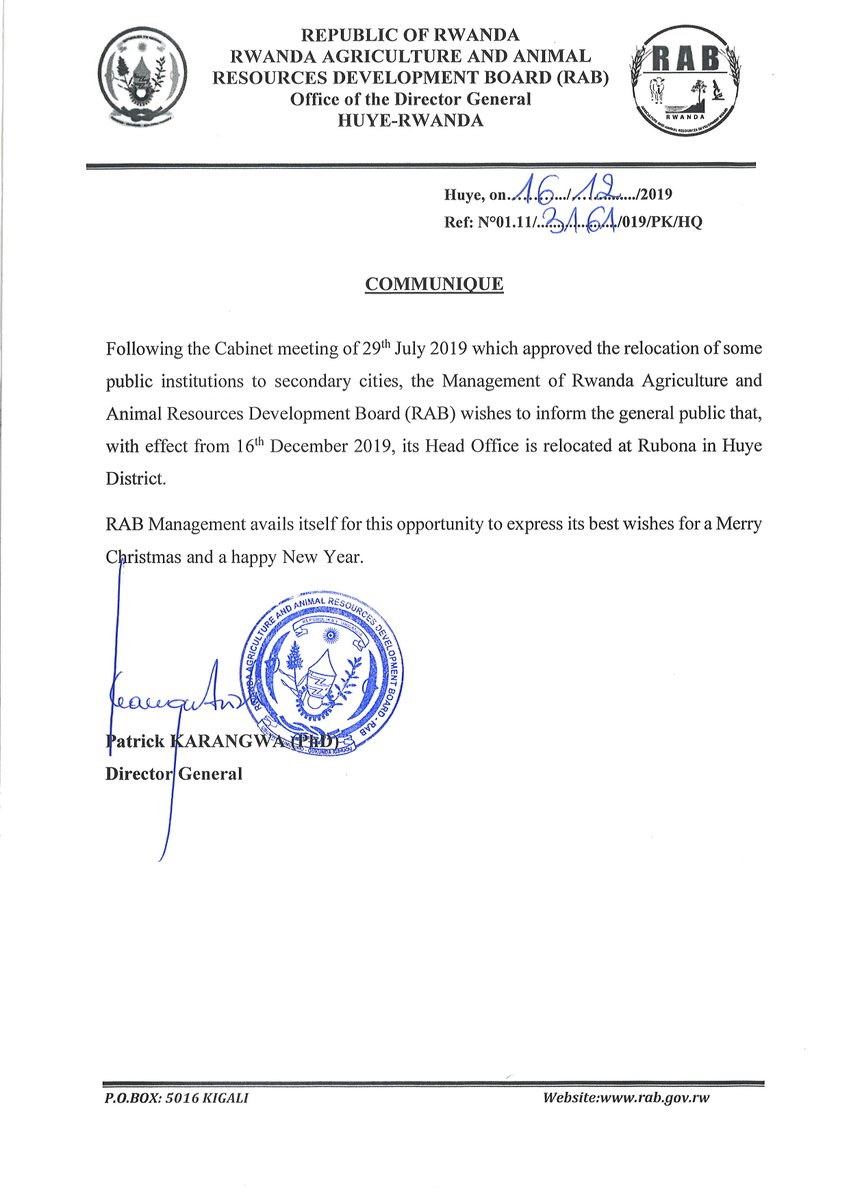 RwandaAgriBoard's tweet photo. RAB Management wishes to inform the general public that, its Head Office is relocated @Rubona, Huye District. RAB is also pleased to wish you a Merry Christmas &amp; a happy New Year. @PrimatureRwanda @RwandaAgri @RwandaInfra @RwandaFinance @RwandaSouth https://t.co/jFjb9MGNxp