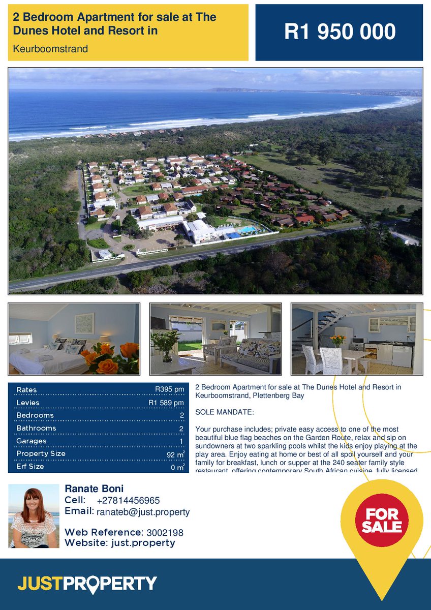 JustpropPlett's tweet photo. 2 Bedroom Apartment for SALE!
#TheDunesPlett #JustPropertyPlettenbergBay #Investment 
Contact Ranate for more INFO
OR
See what more we can offer
https://t.co/jJNWPspUW5 https://t.co/G3dP3GREj8