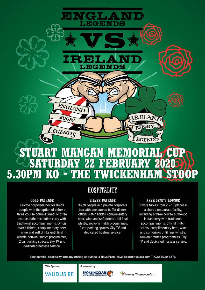 Sportingclass's tweet photo. Book your hospitality for @EnglandLegends v @RugbyLegendsIRE  22nd Feb 2020, KO:5.30pm
Email: Rhysf@sportingclass.com https://t.co/AQPxZ1yx32
