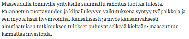 "...maaseudut eri puolilla Suomea ovat täynnä kasvuhakuisia ja kannattavia yrityksiä sekä kekseliäitä asukkaita. Tutkimus osoittaa selkeästi, että ihmisten kokoisia ideoita kannattaa rahoittaa." <a href="/jhusukallio/">Jaana Husu-Kallio</a> <a href="/KauppalehtiFi/">Kauppalehti</a> kauppalehti.fi/uutiset/maaseu… #maaseutufi #yrittäminen
