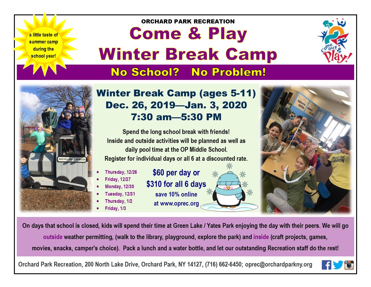 Last call to register for Winter Break Fun Camp. Register for all six days, or just the days you need. Kids will enjoy pool and gym time daily at OPMS, outdoor play, fun and games in the recreation building at Green Lake / Yates Park. Save 10% at oprec.org.