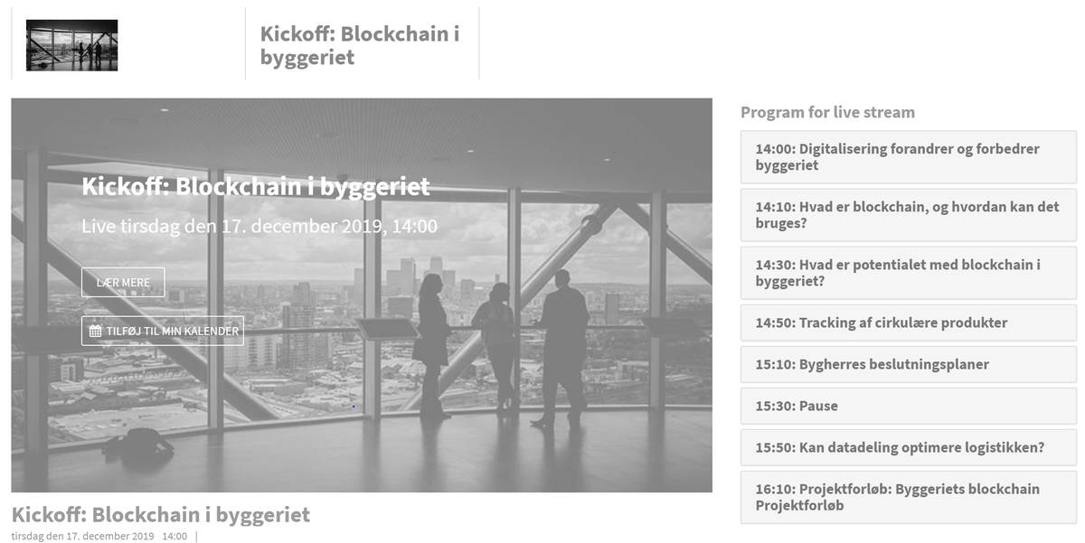 Byggeriets Blockchains: Vi streamer fra kickoff eventen i morgen fra kl. 14.00. 

Hvis du ikke har mulighed for at deltage, kan du følge med via streaming. Vi gemmer videoerne, så du efterfølgende kan (gen)se præsentationerne:
live.industrienshus.dk/kickoff-blockc…
#blockchains #dkbiz
