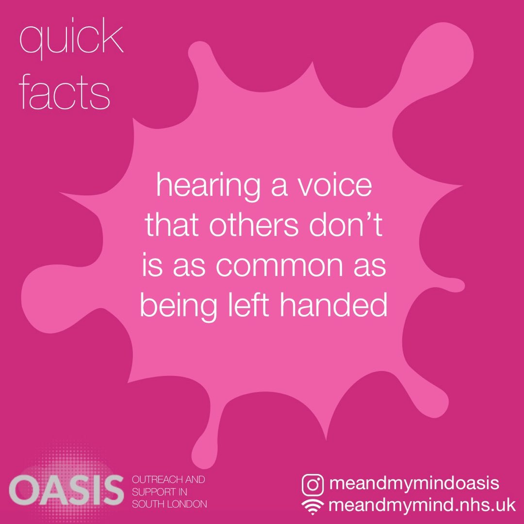 Quick fact: Hearing a voice that others don’t is as common as being left handed. #OASIS #mentalhealth #MentalHealthMatters #NoStigma meandmymind.nhs.uk