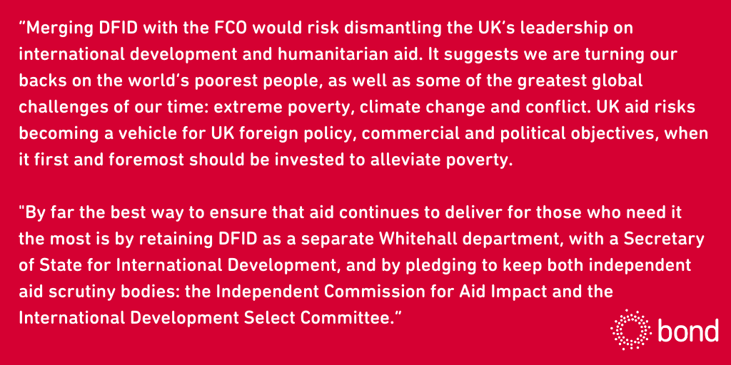 Over 100 charities warn that plans to merge DFID with FCO risks Britain turning back on the world. 

Find out more: bit.ly/2RWpoJF #GlobalDev #SaveDFID